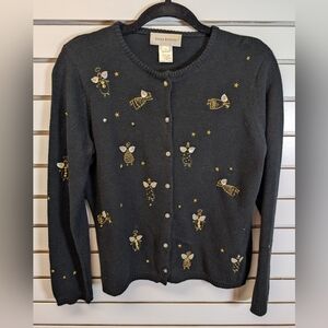 Susan Bristol Embroidered Angel Black Cardigan Sweater SZ Med Christmas 2005